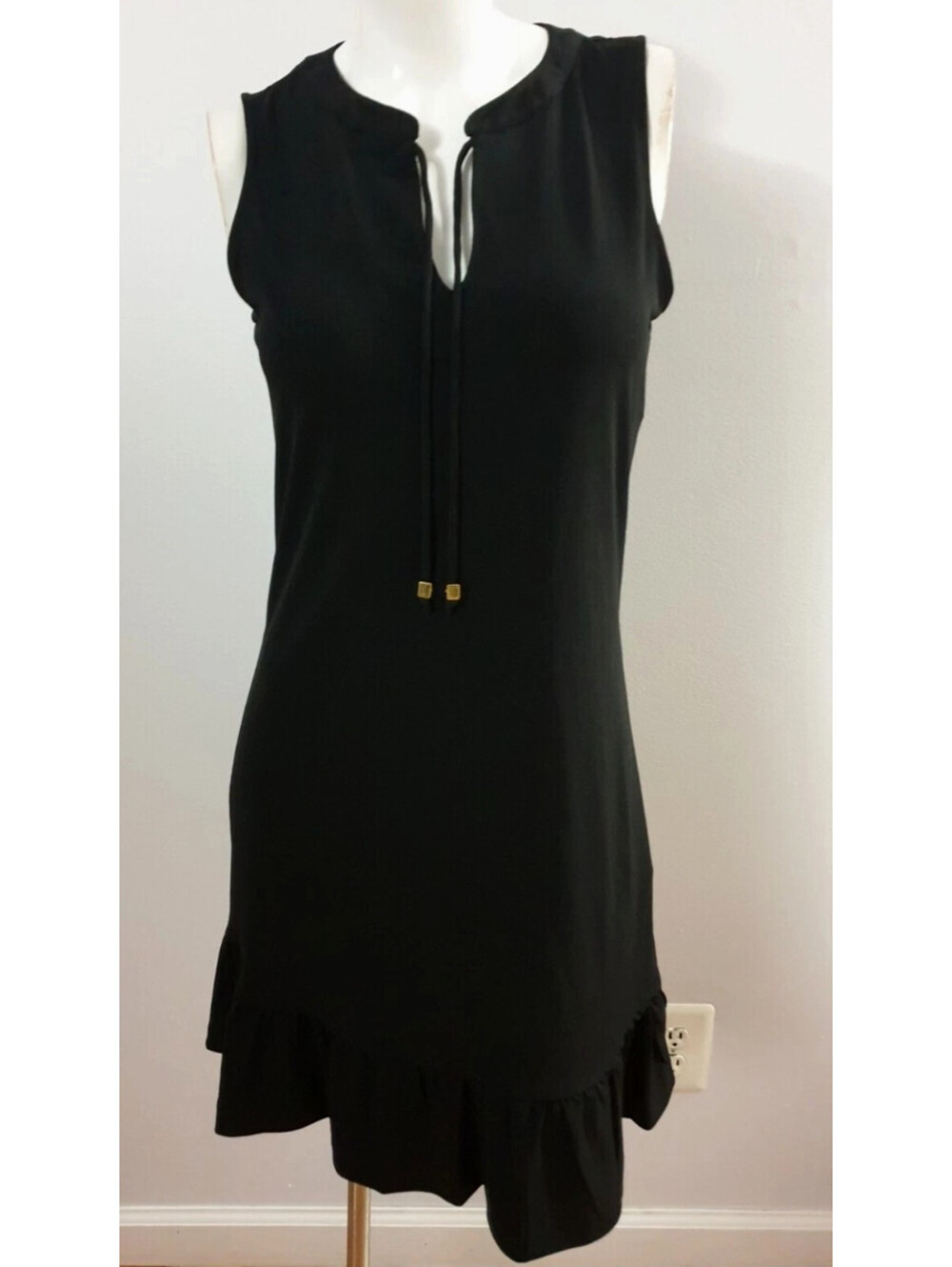 Michael Kors Blk A-Line Ruffle Keyhole Tie Neck Dress Cottagecore Dark Fairycore